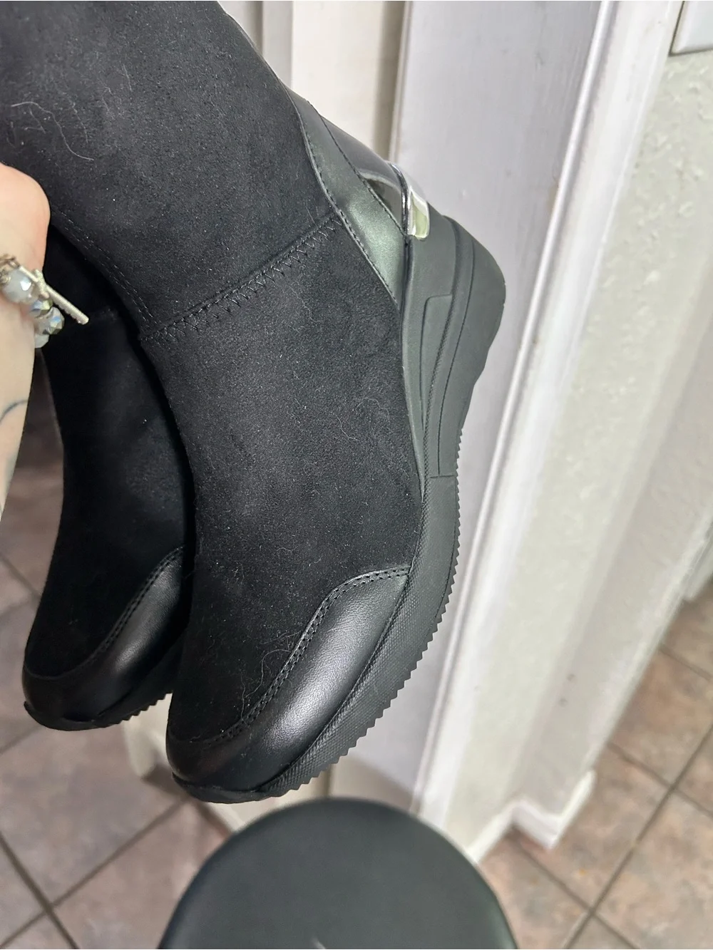 Michael Kors Black Patent & Suede Block Heel Loafers with Silver Accent